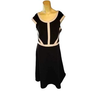 SANGRIA Black Sleeveless Vintage Look Midi Dress Paneled Sections Outlined White